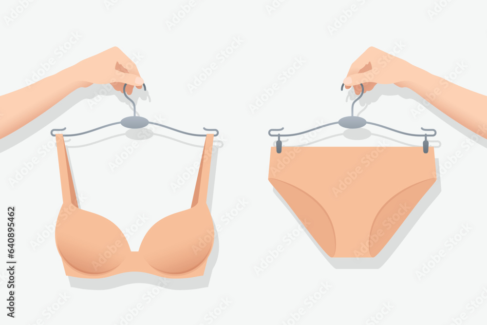 Panty and bra in flesh color on hangers in hands of woman - obrazy, fototapety, plakaty 