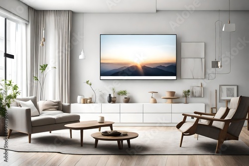 A modern TV lounge room with a white empty canvas frame for a mockup mounted above an entertainment console  harmonizing art and technology. 
