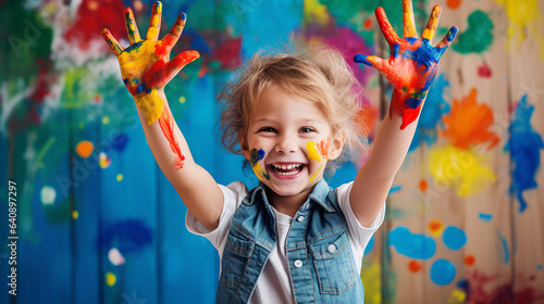 A child girl with colorful paint on her hands
