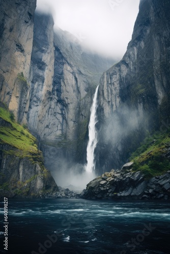 Huge Norwegian cliffs with a beautiful waterfall. Generative AI © piai