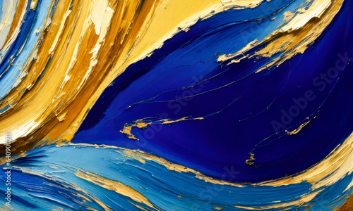 Closeup of abstract rough blue and gold color multi colored art painting texture  with oil brushstroke. Generative AI