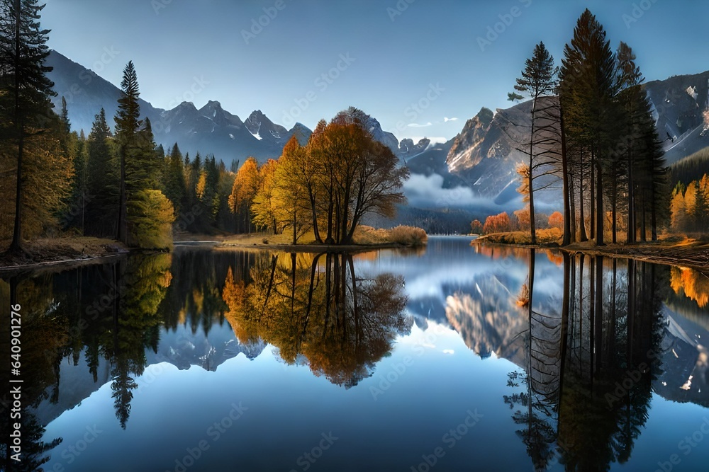 reflection of trees in the lake  generated by AI technology 