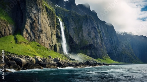 Huge Norwegian cliffs with a beautiful waterfall. Generative AI