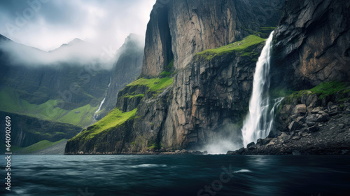 Huge Norwegian cliffs with a beautiful waterfall. Generative AI