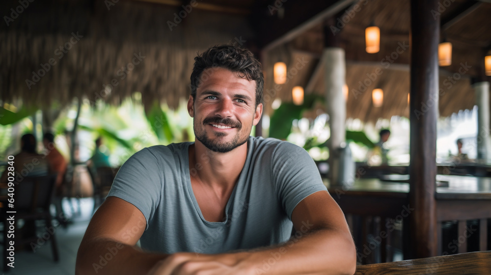 A handsome caucasian man in his 30's enjoying a vacation at a tropical resort bar A handsome caucasian man in his 30's enjoying a vacation at a tropical resort bar