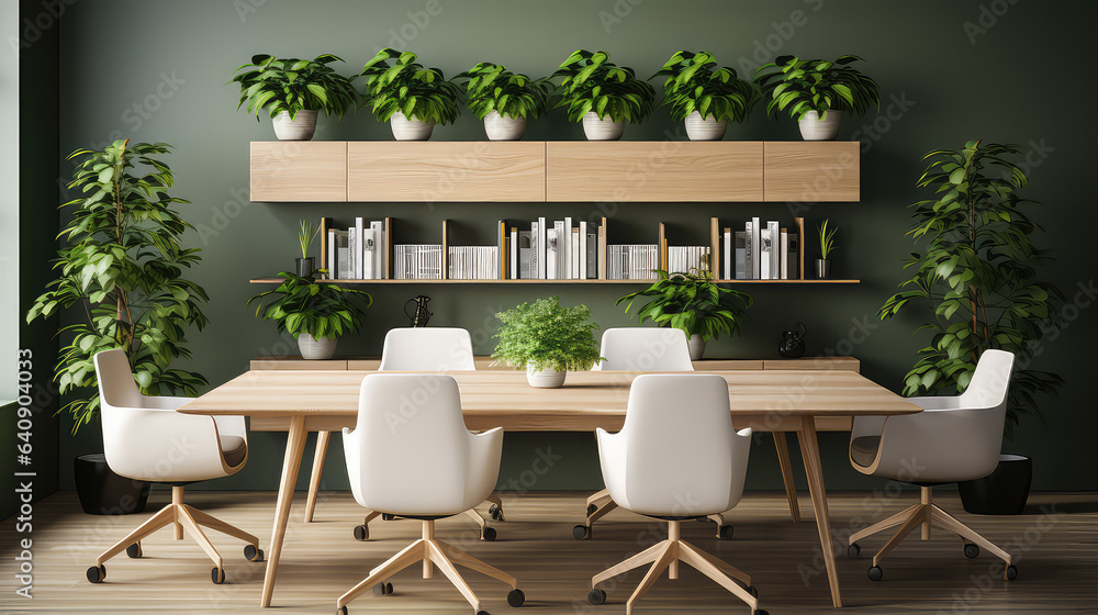 Fototapeta premium Simple empty minimalistic modern conference room, with plants and wooden shelves. Conference meeting table, office interior.
