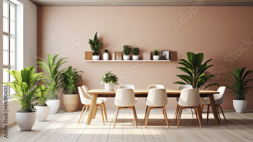 Simple empty minimalistic modern conference room, with plants and wooden shelves. Conference meeting table, office interior. © IndigoElf
