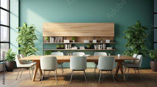 Simple empty minimalistic modern conference room  with plants and wooden shelves. Conference meeting table  office interior.