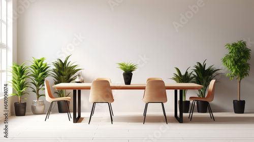 Simple empty minimalistic modern conference room  with plants and wooden shelves. Conference meeting table  office interior.