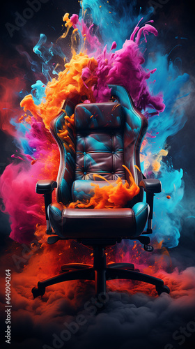 black gamer chair coming out of color explosion, generative ai