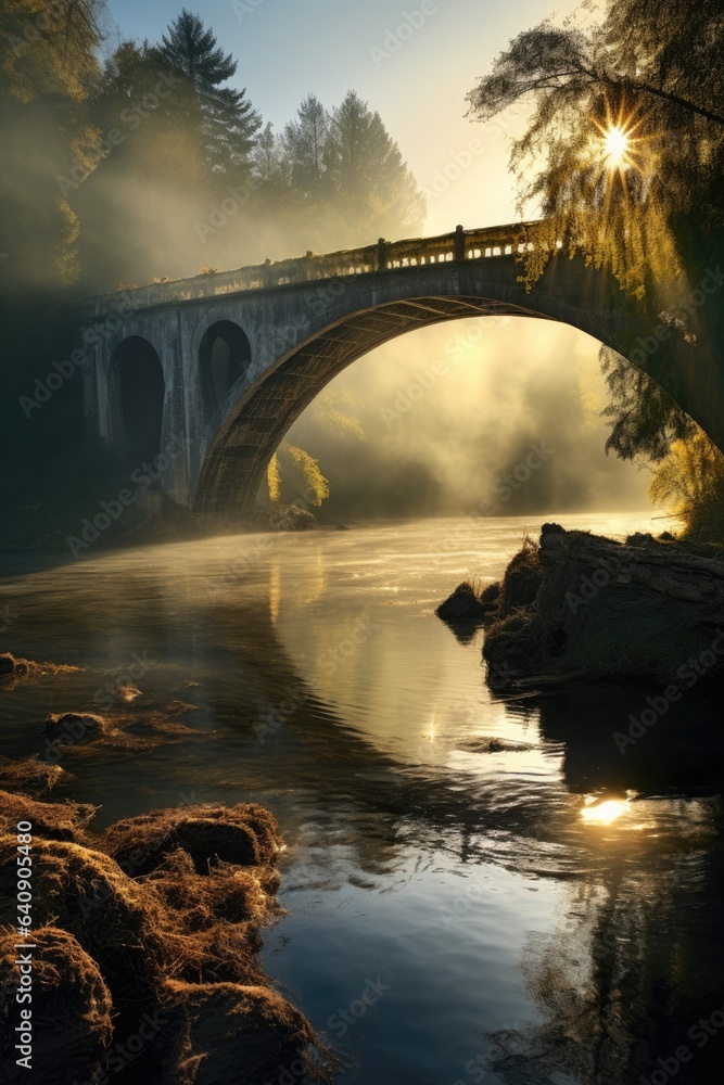 Beautiful photography of a bridge across the river. Sunny morning. Generative AI
