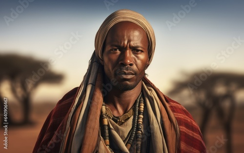 Portrait of a Fictional Traditional Black Sub-Saharan African Man in the Savannah. Generative AI.