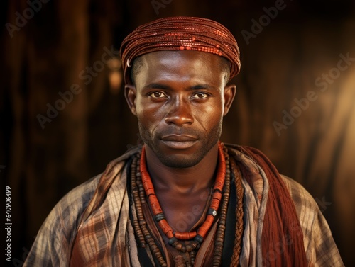 Portrait of a Fictional Traditional Black Sub-Saharan African Man in the Savannah. Generative AI.