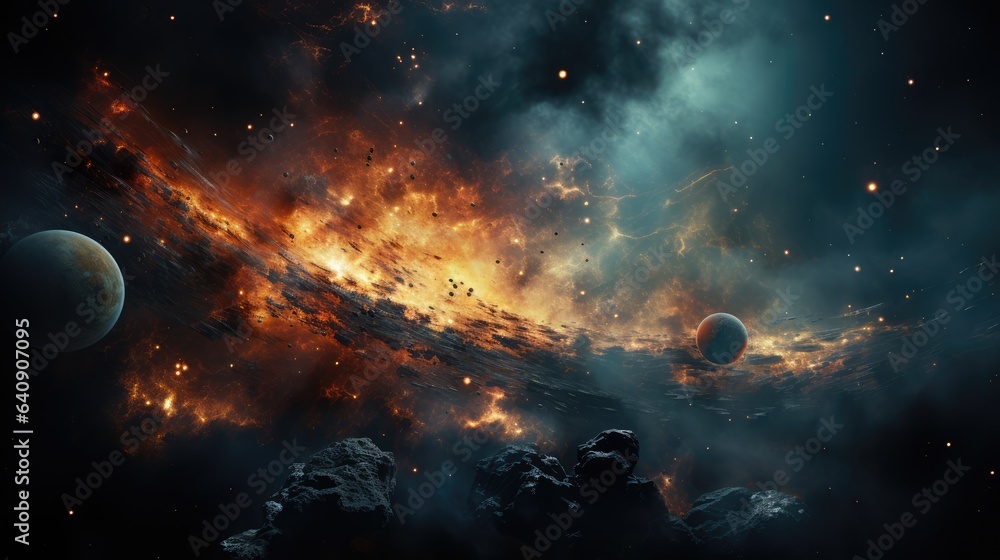 Space landscape alien planet. Exploding galaxy with meteors and clouds. Alien world horizon.