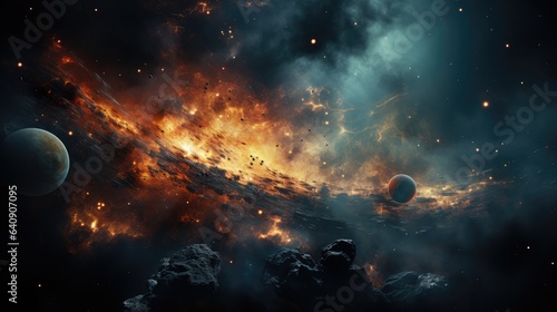 Space landscape alien planet. Exploding galaxy with meteors and clouds. Alien world horizon.