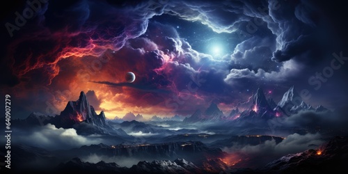 Space landscape alien planet. Exploding galaxy with meteors and clouds. Alien world horizon. © Fox Ave Designs