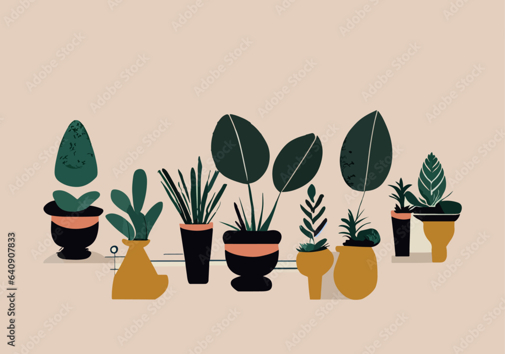 Illustrated 50s and 60s vintage inspired graphical card featuring charming house plants in pots