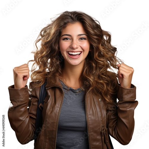 Etudiante heureuse et joyeuse avec le sourire. Jeune femme joyeuse avec un sac à dos. Fond transparent PNG avec couche alpha. photo