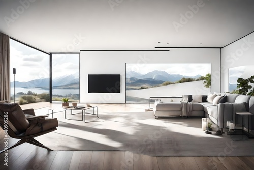 An open-concept TV lounge room with panoramic windows and a white empty canvas frame for a mockup, inviting the outside world in.  © SardarMuhammad
