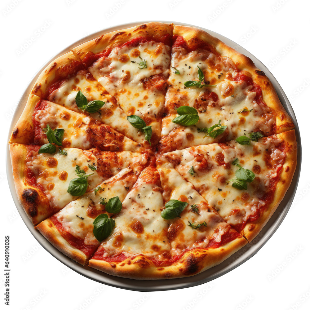 A delicious pizza. Big pizza that looks good on the plate. Pizza on white background. Delicious pizza isolated on transparent background Generative AI