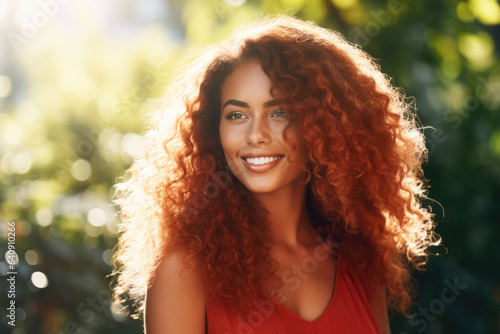 Stunning young woman with vibrant red hair strikes pose for photograph. This image can be used in various projects and designs.