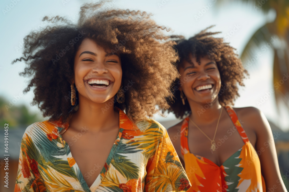 Two women are captured in joyful moment as they smile and laugh on beautiful beach. This image can be used to depict friendship, happiness, vacation, or leisure activities. Two women are captured in joyful moment as they smile and laugh on beautiful beach. This image can be used to depict friendship, happiness, vacation, or leisure activities.