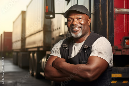 Man standing confidently in front of powerful semi truck. This image can be used to portray strength, determination, and trucking industry.