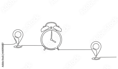 Continuous line drawing of alarm clock and location marker. Travel time concept GPS Navigation and journey concept in editable doodle style. Vector illustration