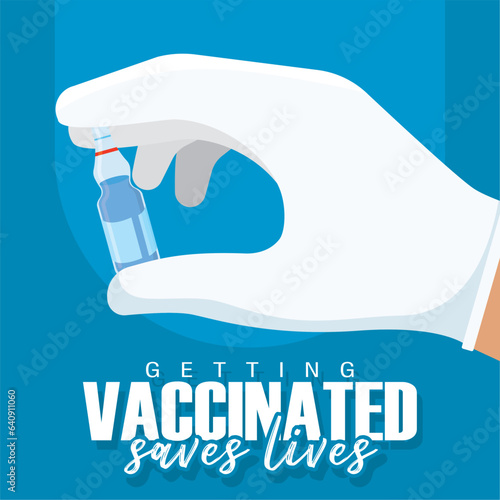 Hand holding vaccine bottle Vaccines save lifes poster Vector