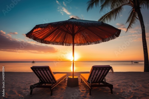 Sun beds and umbrella under palm tree