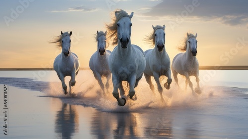 Incredible photography of white horses running on a white sand beach  sunny morning. Generative AII