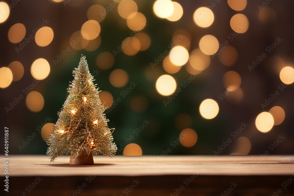 Mini decorated Christmas tree on the wooden table in front of a blurred garland background. Generative AI