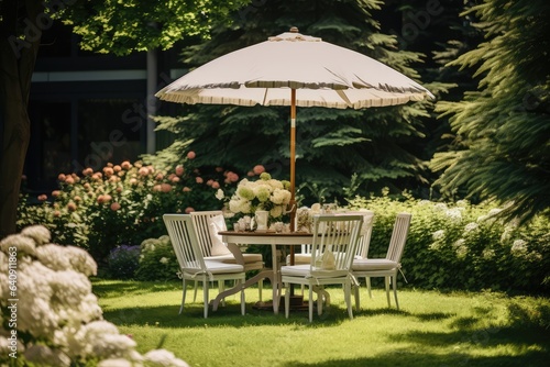 Table chairs and umbrella outdoors in garden