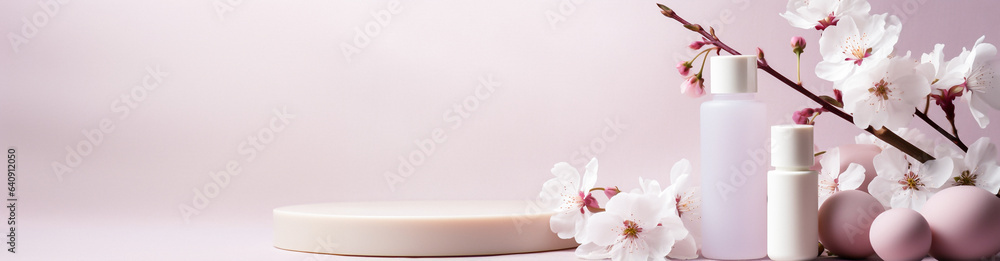 Spa or skincare product display on a pink background. The display is decorated with pink cherry blossom flowers and branches. The background is a gradient pastel pink color. Lots of copy space.
