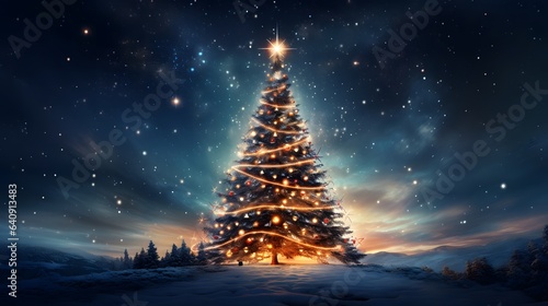 Fantastic winter landscape with christmas tree. 3D rendering. Christmas background with christmas tree, snow and stars. Beautiful christmas night.	 photo