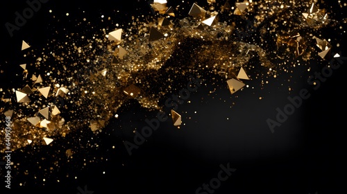 Christmas Golden light shine particles bokeh on black background. Holiday concept. Abstract background with gold glittering particles.	