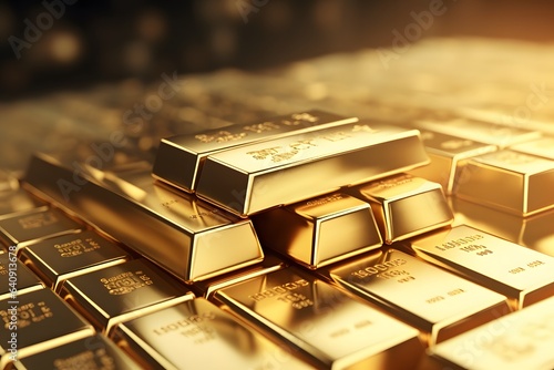 Golden ingots background. Gold bullion. Stack of gold bars. 3D rendering. photo