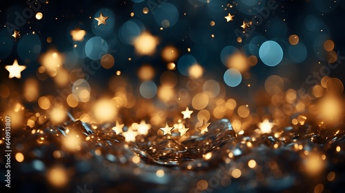 Christmas Golden light shine particles bokeh on navy blue background. Holiday concept. Abstract background with Dark blue and gold particle. 