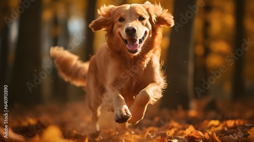 Cute golden retriever dog running in the autumn forest with leaves. Golden Retriever is running in the autumn forest.