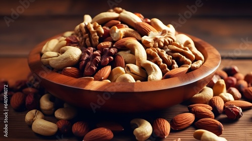Mix of nuts in wooden bowl on wooden background. Healthy food concept.