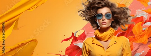 Fashionable young woman in a hat and sunglasses. Yellow background. Fashion woman cloth flyer design. Beauty, fashion. Advertisement concept with wide copy space for text. 