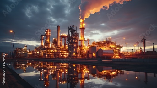 Refinery plant at twilight with reflection in water, 3d render. Oil refinery plant for crude oil industry in evening twilight, energy industrial machine for petroleum gas production background