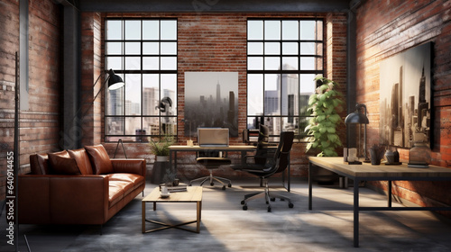 Modern Loft-Style Office Interior, Industrial Style, Brick Walls, Wood Floor, Leather Furniture, Natural Lighting, Generative AI