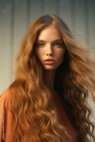 portrait of a woman/model/book character in a close up with long blonde red hair in a fashion/beauty editorial advertisement magazine style film photography look - generative ai art