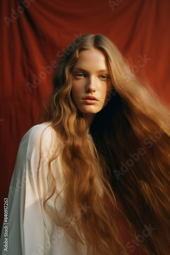 portrait of a woman/model/book character in a close up with long blonde red hair in a fashion/beauty editorial advertisement magazine style film photography look - generative ai art