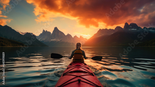 Woman kayaking in crystal clear mountain lake at sunset. Generative AI © piai