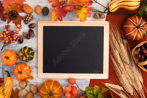 frame lying on colored autumn leaves. Surrounded by pumpkins, nuts, ears of wheat. Hello autumn, back to school, harvesting concept, flat lay. Space for text.