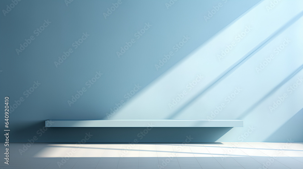 A simplistic abstract background in soft light blue, designed for showcasing products. The interplay of shadows and light from windows creates a subtle contrast on a plastered wall. A simplistic abstract background in soft light blue, designed for showcasing products. The interplay of shadows and light from windows creates a subtle contrast on a plastered wall.
