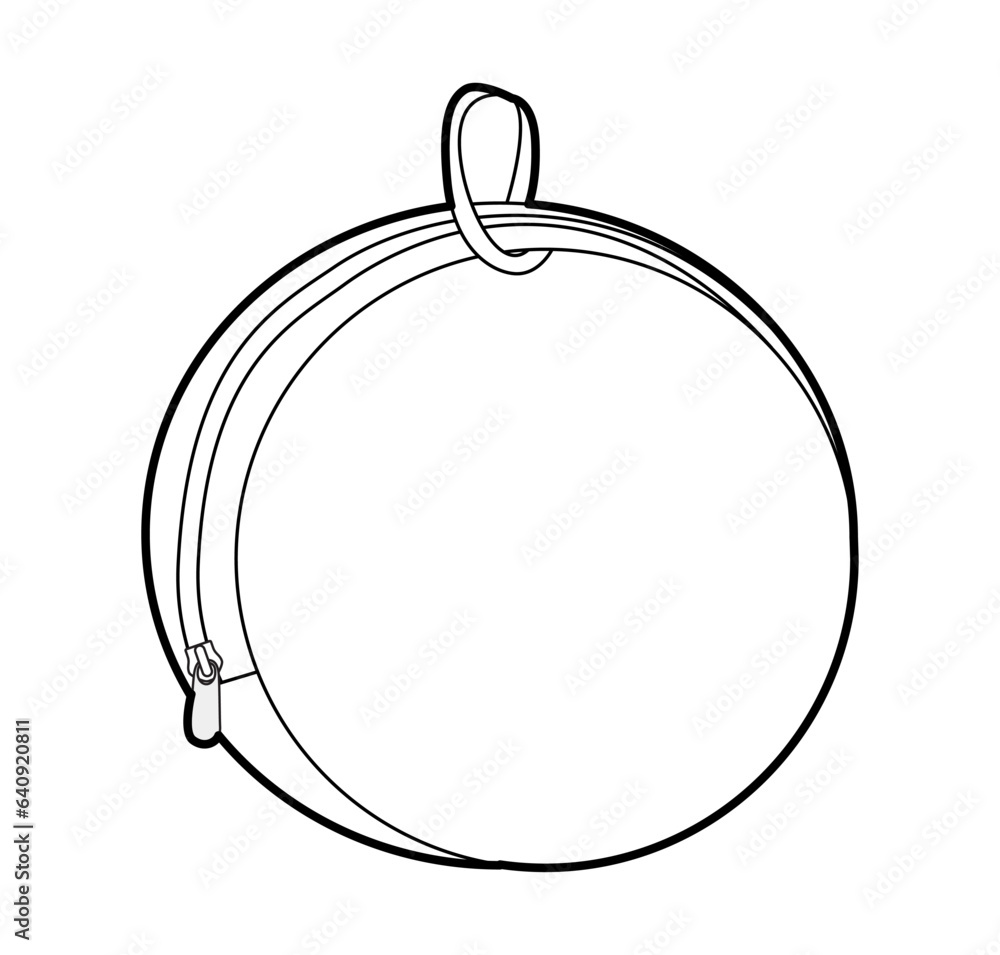 Coin purse Wallet round shape pouch and cosmetic bag fashion accessory technical illustration. Organizer front 3-4 view for Men, women unisex silhouette style, flat handbag CAD sketch outline isolated Coin purse Wallet round shape pouch and cosmetic bag fashion accessory technical illustration. Organizer front 3-4 view for Men, women unisex silhouette style, flat handbag CAD sketch outline isolated