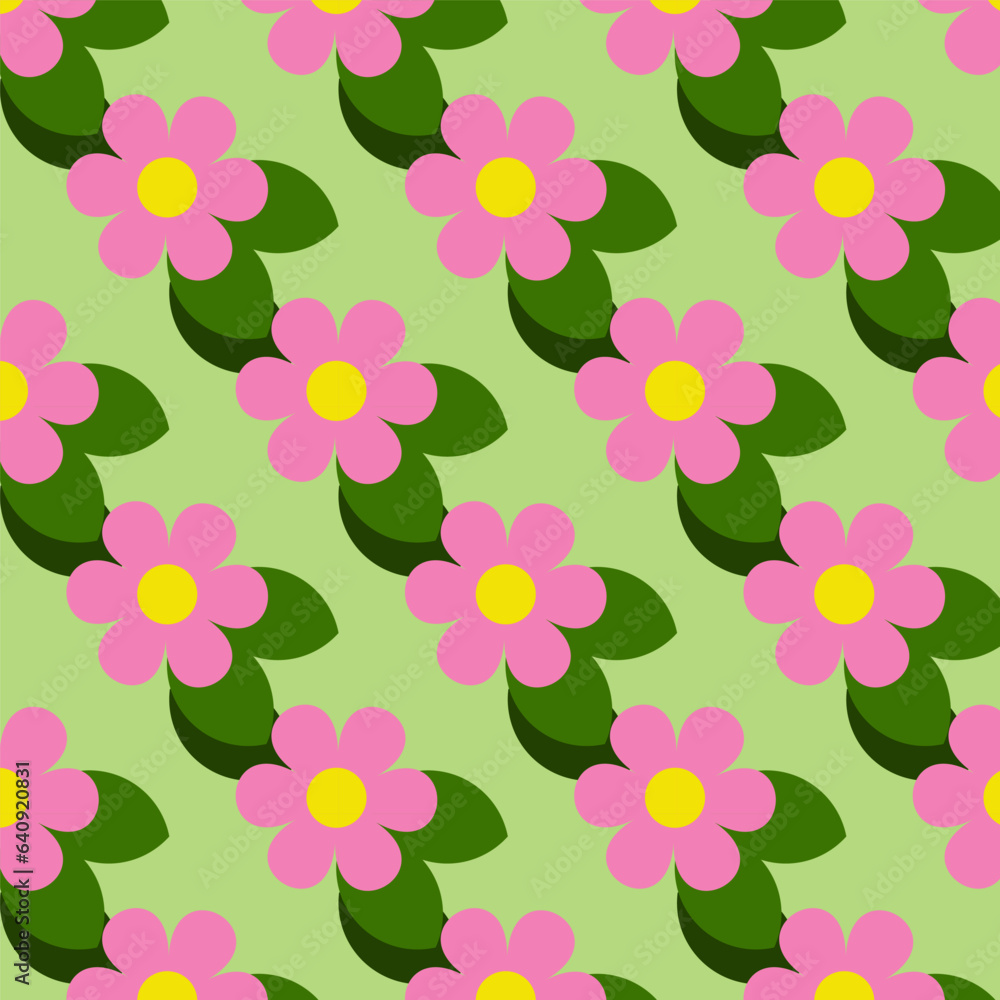Pink flowers on a green background, repeating pattern